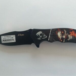 AI Blades Skull Folding Pocket Knife in Black with Red Flame Accent 3.5” blade